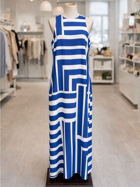 Donna Morgan Blue & White Geometric Maxi Dress • Sleeveless Shift • Size 12